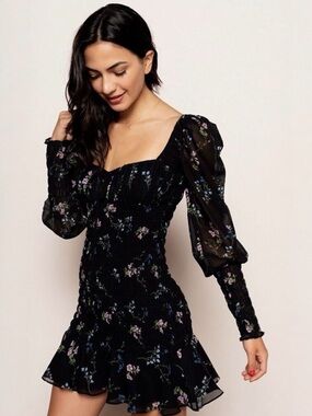 NWT For Love & Lemons Dixon Floral Smocked Mini Dress M Black Puff Sleeve Ruffle